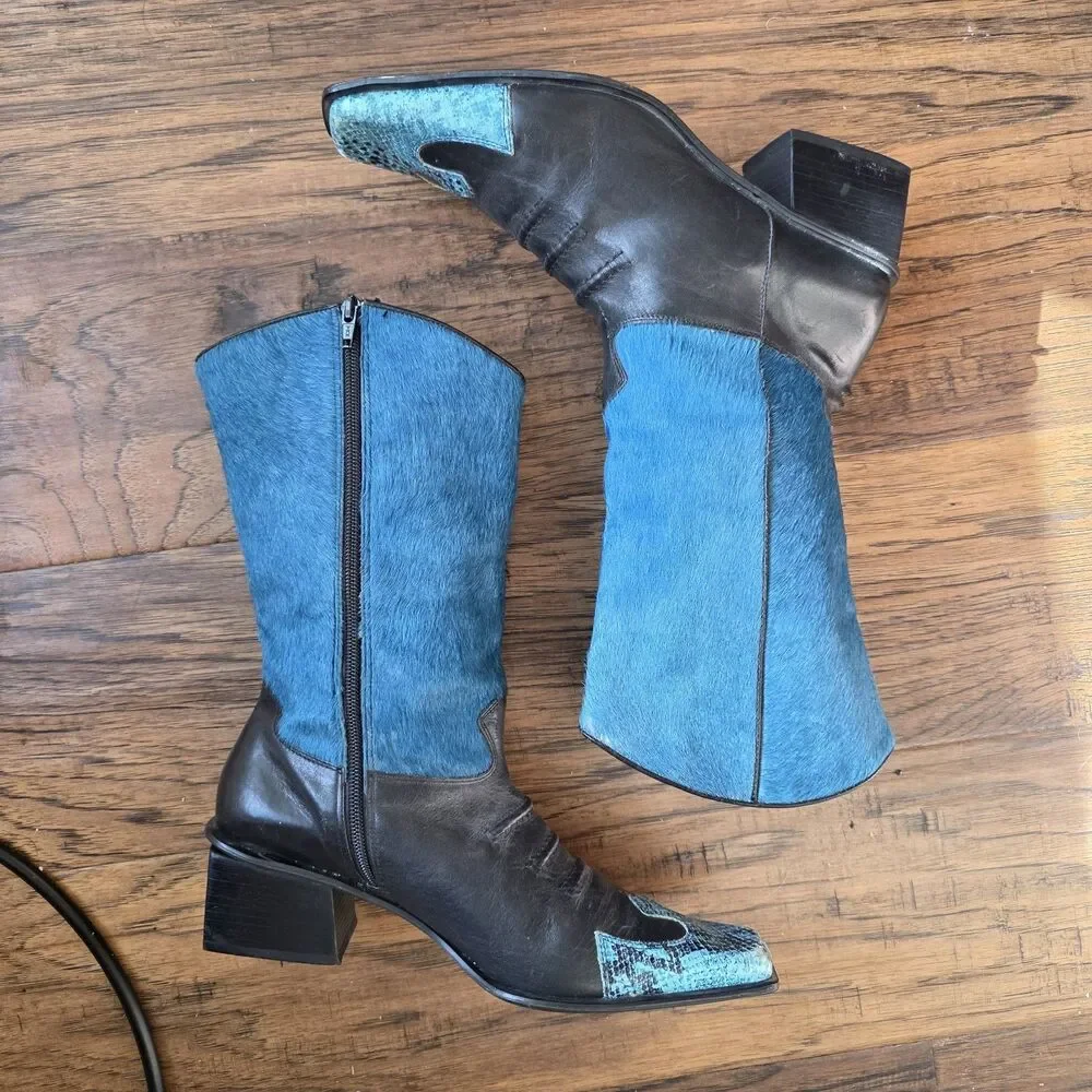 ALEC Mens western boots Size 11B vibrant blue cowhide shaft black leather Vamp